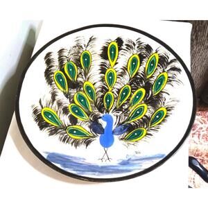 Signed Shirley (STM) Hand Painted Peacock 12" ART/SEARVING Platter Beautiful